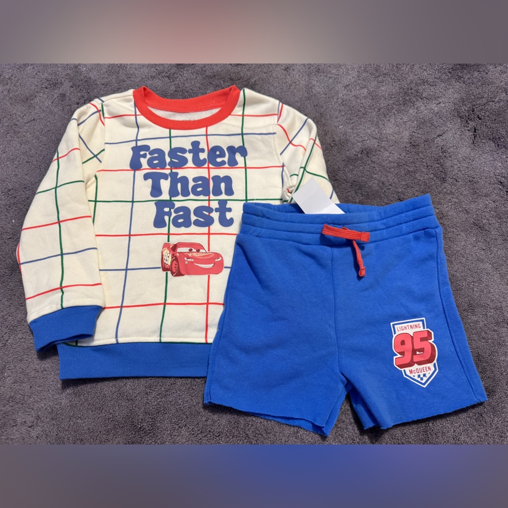 Kids 2pc Lightening McQueen Crewneck Sweatshirt & Shorts Drawstring/Pockets 4T